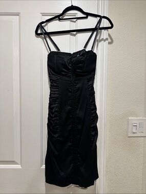 Marciano Black Satin Ruched Spaghetti-Strap Mini Dress